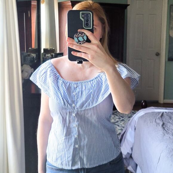 Atmosphere Off Shoulder Top Size 6, Blue White, Cotton, Summer Shirt, Ruffles - Picture 1 of 7